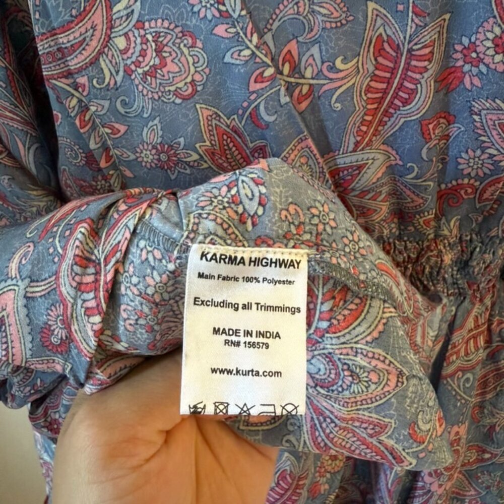 Karma Highway Blue Red Paisley V-neck Tassel Flutter Long Sleeve Mini Dress NWOT - Picture 5 of 7